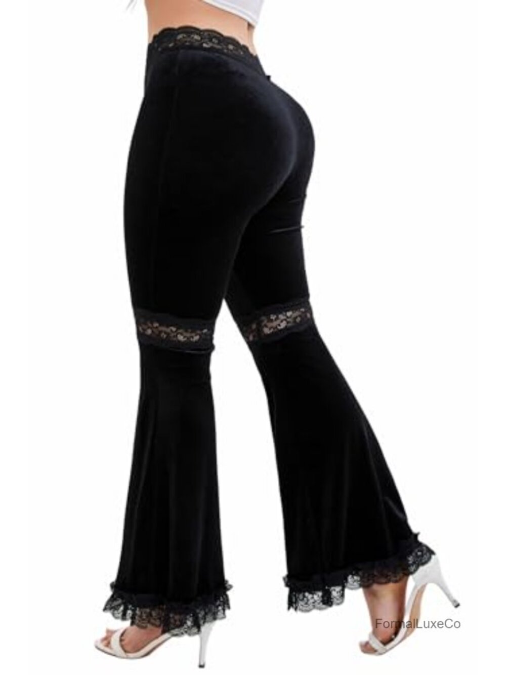 Velvet Lace Patchwork Flare Pants High Rise Pull On Palazzo
